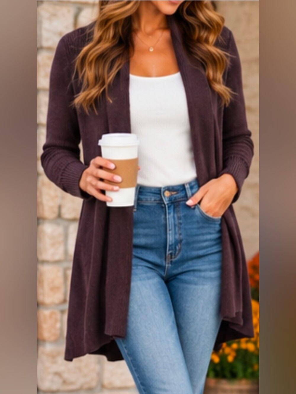 Olivia Sky Long Open Front Cardigan Medium Dark Plum Ribbed Knit Shawl Collar